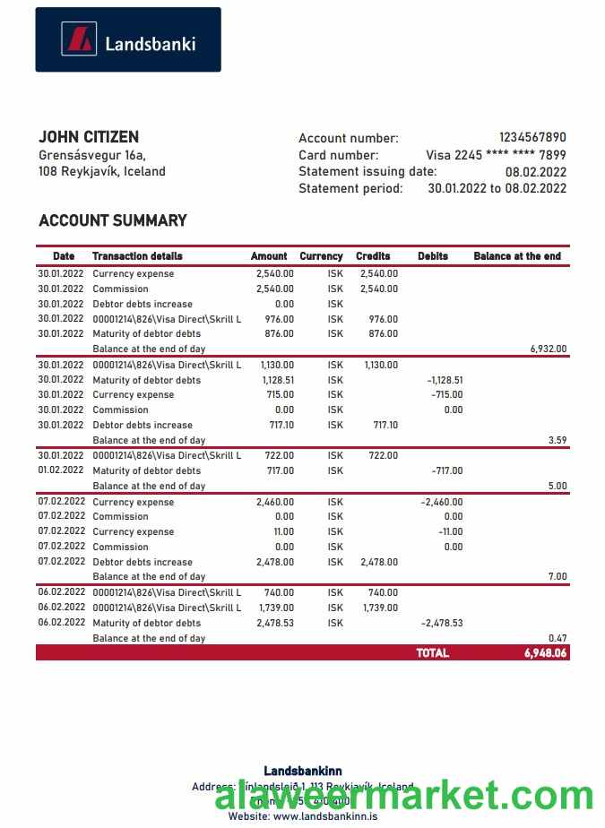 Iceland Landsbankinn bank statement XLS